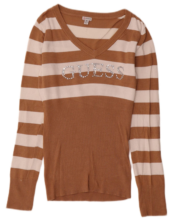 Guess Suéter gráfico con cuello en V para mujer UK 12 Rayón a rayas beige medio