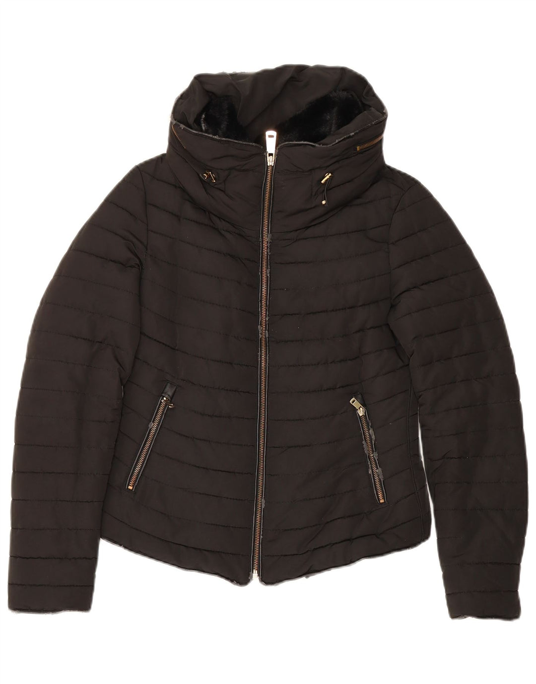 Zara Mujer Chaqueta Acolchada Con Capucha UK 10 Small Poliéster Negro
