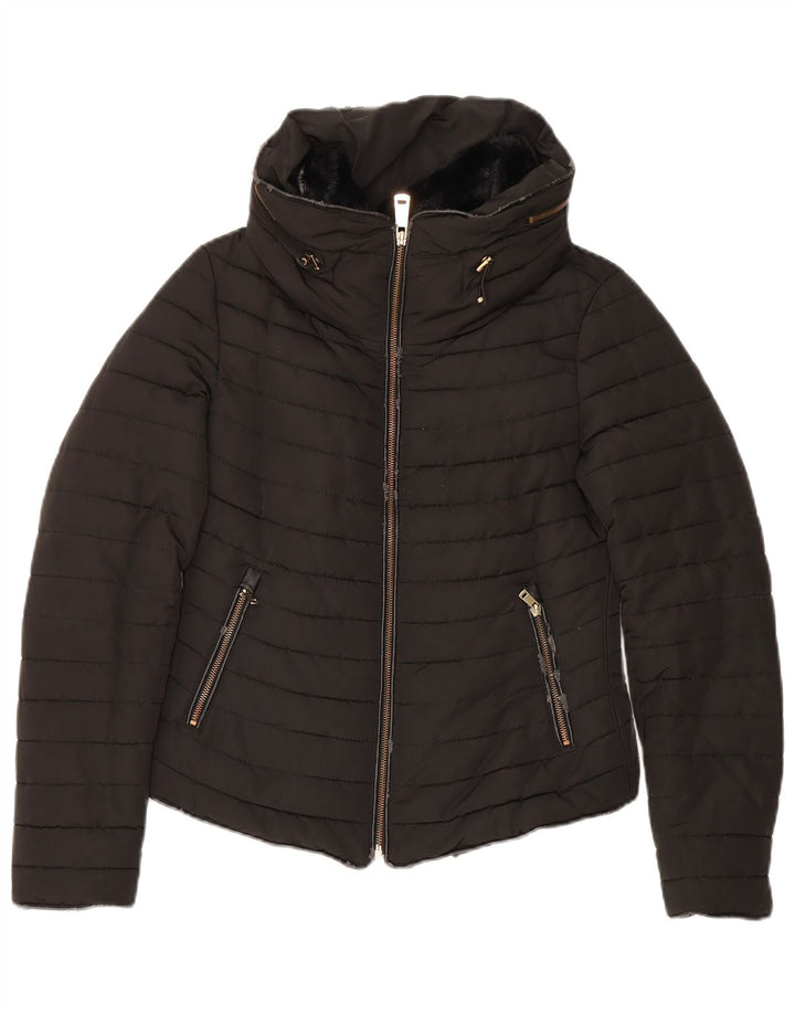 Zara Mujer Chaqueta Acolchada Con Capucha UK 10 Small Poliéster Negro
