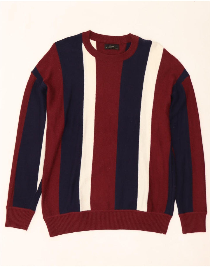 ZARA Hombre Jersey Cuello Redondo Nylon Rayas Mediano Burdeos