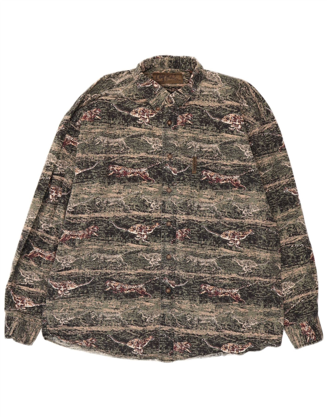 VINTAGE Camisa de franela para hombre Algodón con estampado animal verde grande