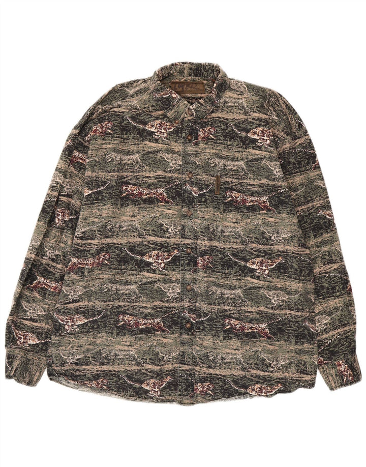 VINTAGE Camisa de franela para hombre Algodón con estampado animal verde grande