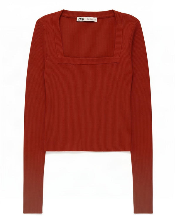 Zara Mujer Crop Top Manga Larga UK 8 Small Borgoña Viscosa