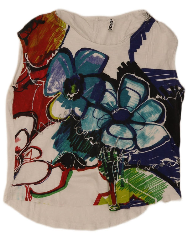 Desigual - Camiseta sin mangas con estampado holgado para mujer, talla XL, algodón floral blanco