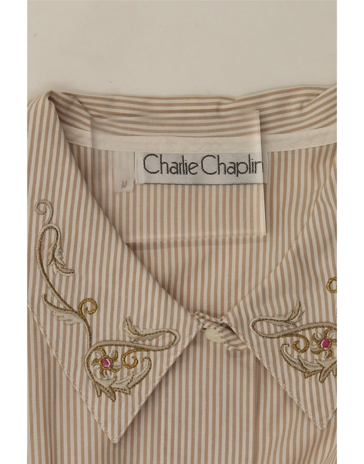 Camisa vintage para mujer Reino Unido 14 Algodón a rayas beige medio