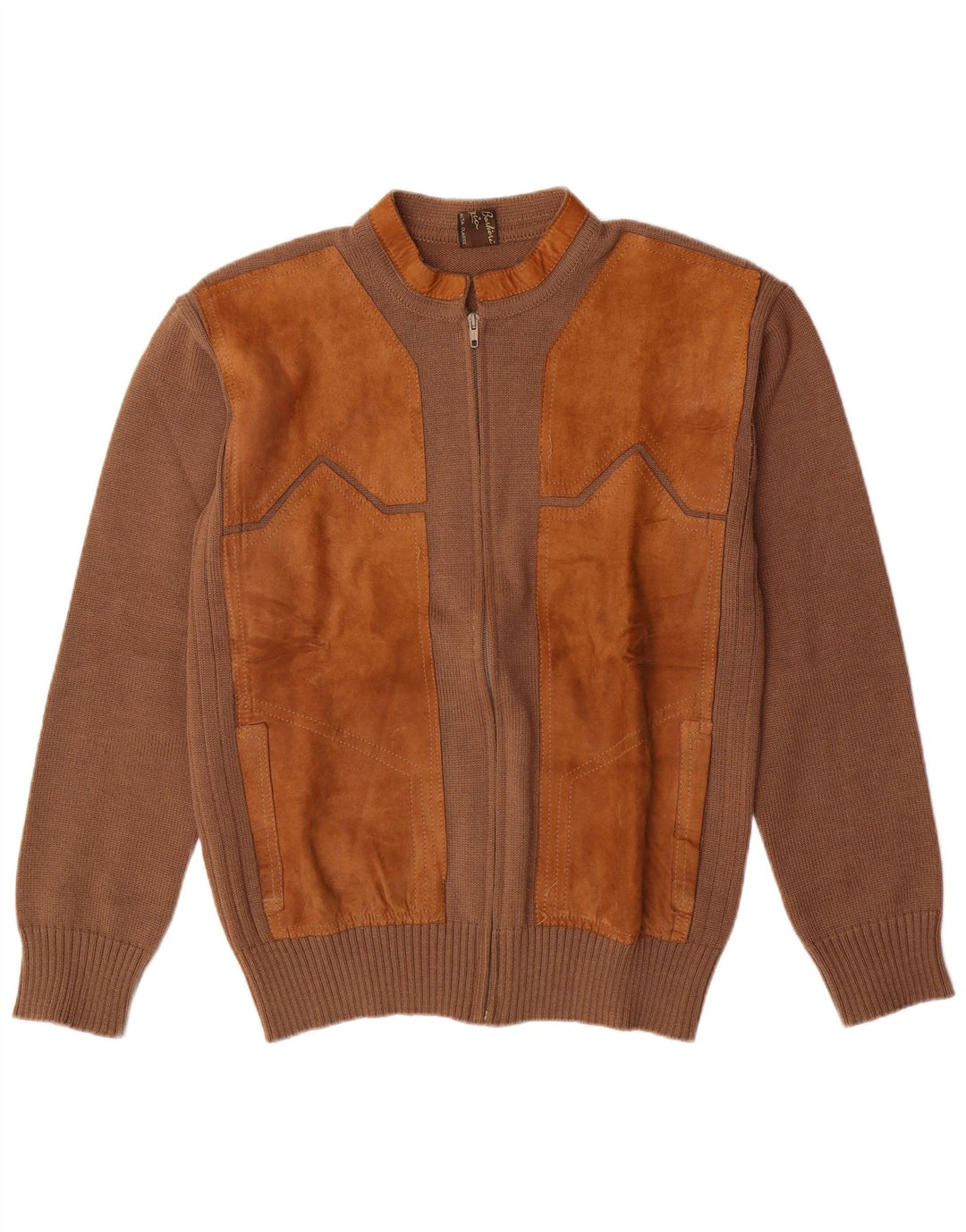VINTAGE Suéter tipo cárdigan de ante para hombre IT 52 Lana grande en bloque de color marrón