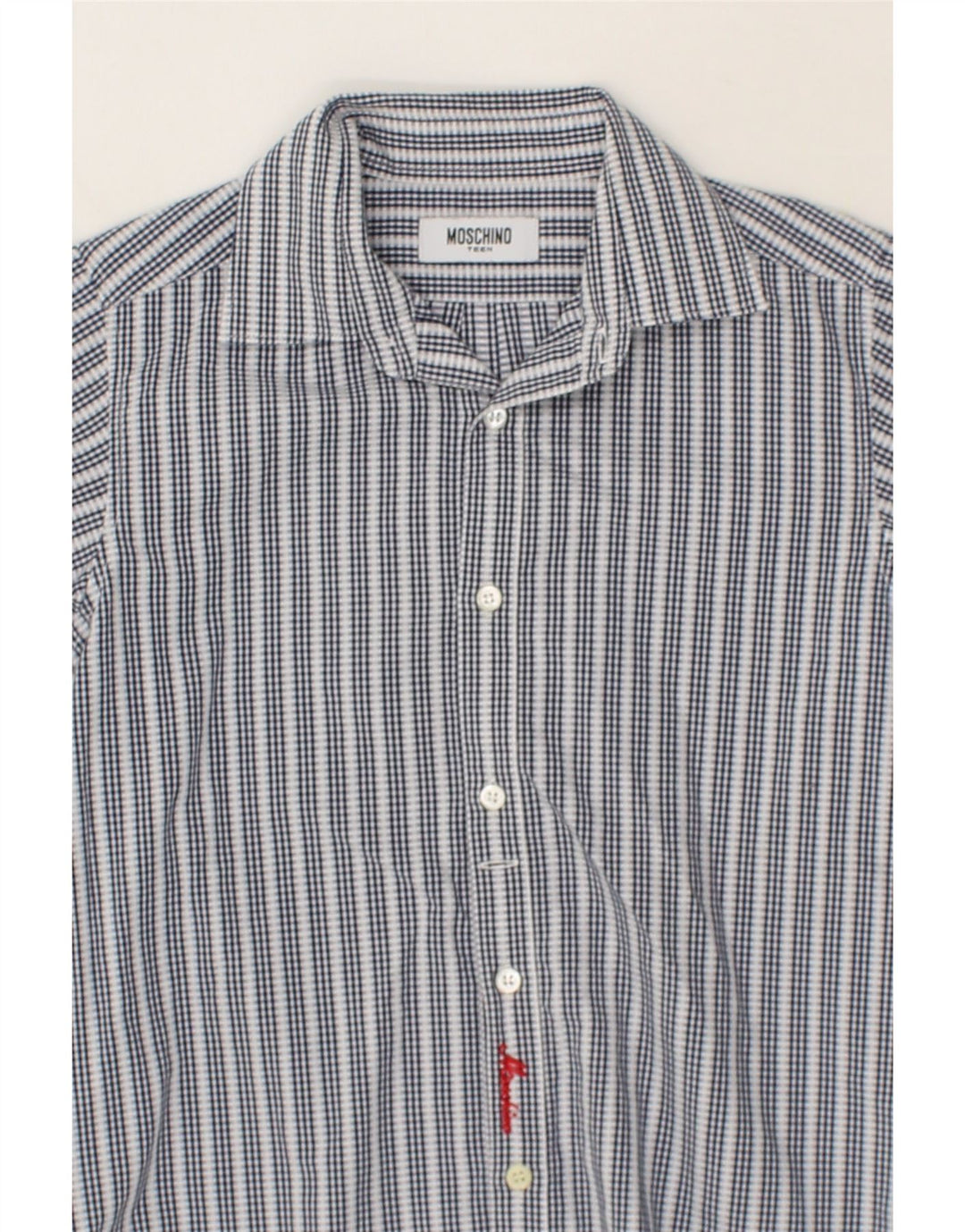 MOSCHINO Boys Shirt 7-8 Years Navy Blue Striped Cotton Vintage Moschino and Second-Hand Moschino from Messina Hembry 