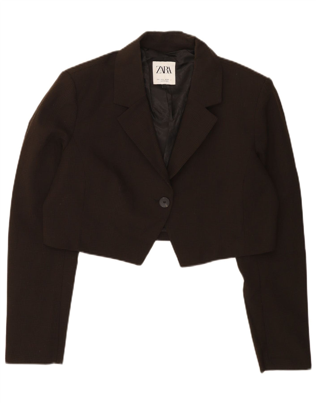 Zara Mujer Crop 1 Botón Blazer Chaqueta UK 46 Grande Marrón Cuadros Poliéster
