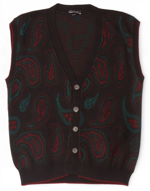 Vintage Mens Sleeveless Cardigan Sweater Medium Black Paisley