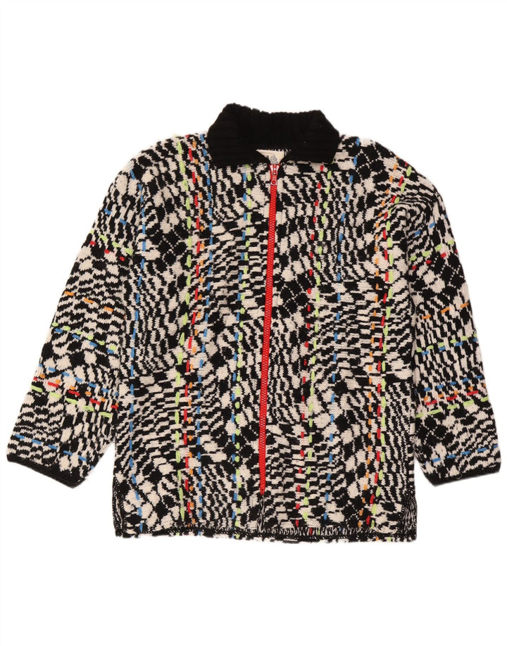 Vintage mujeres patrón abstracto completo zip cardigan suéter Reino Unido 16 grande negro