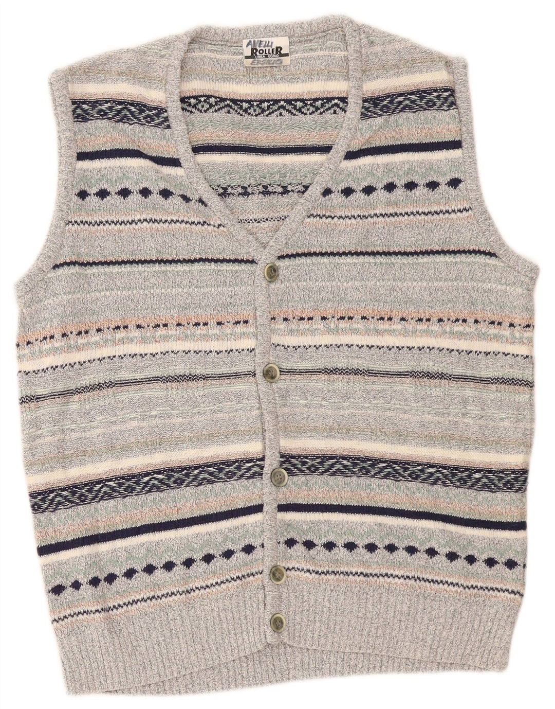 Vintage hombres sin mangas cardigan suéter medio gris rayas lino
