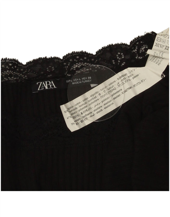 Zara Mujer Crop Blusa Top UK 44 Grande Algodón Negro