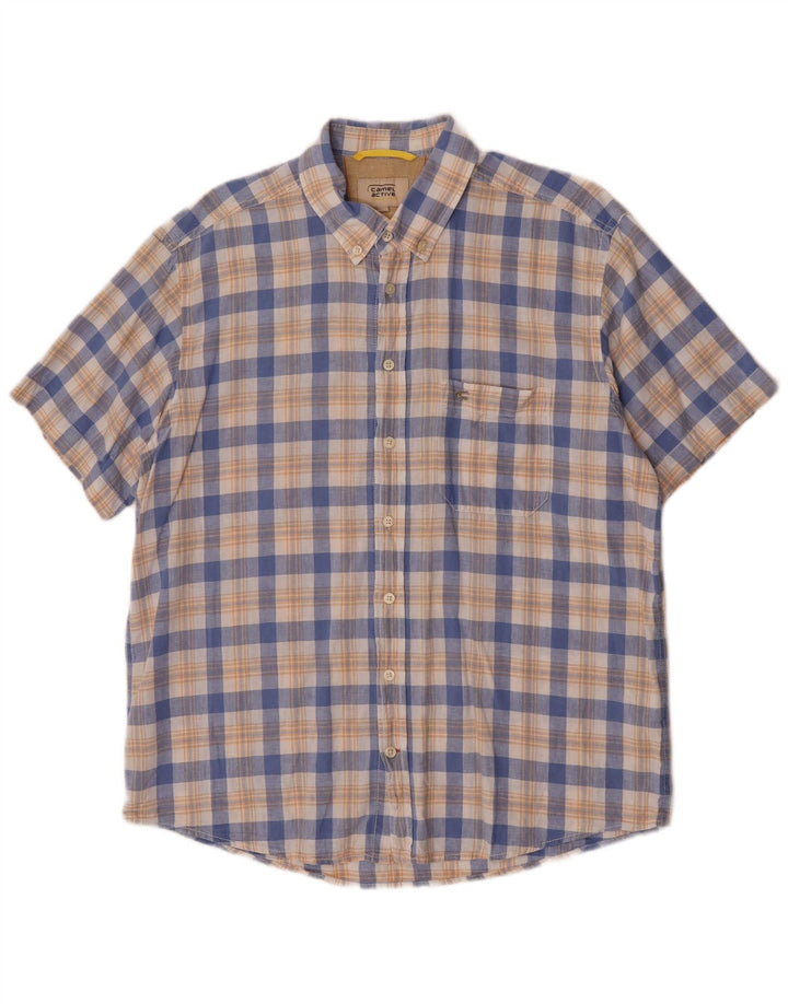 Camisa de manga corta para hombre Camel de lino a cuadros azules grandes