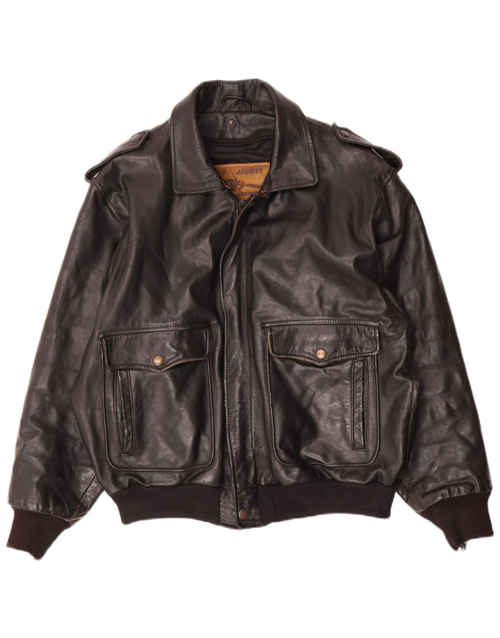 Vintage hombres cuero vuelo aviador chaqueta EU 52 XL cuero negro