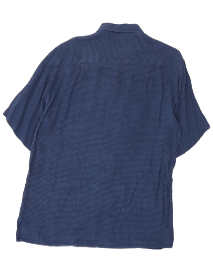Camisa vintage de manga corta para hombre de seda azul marino medio