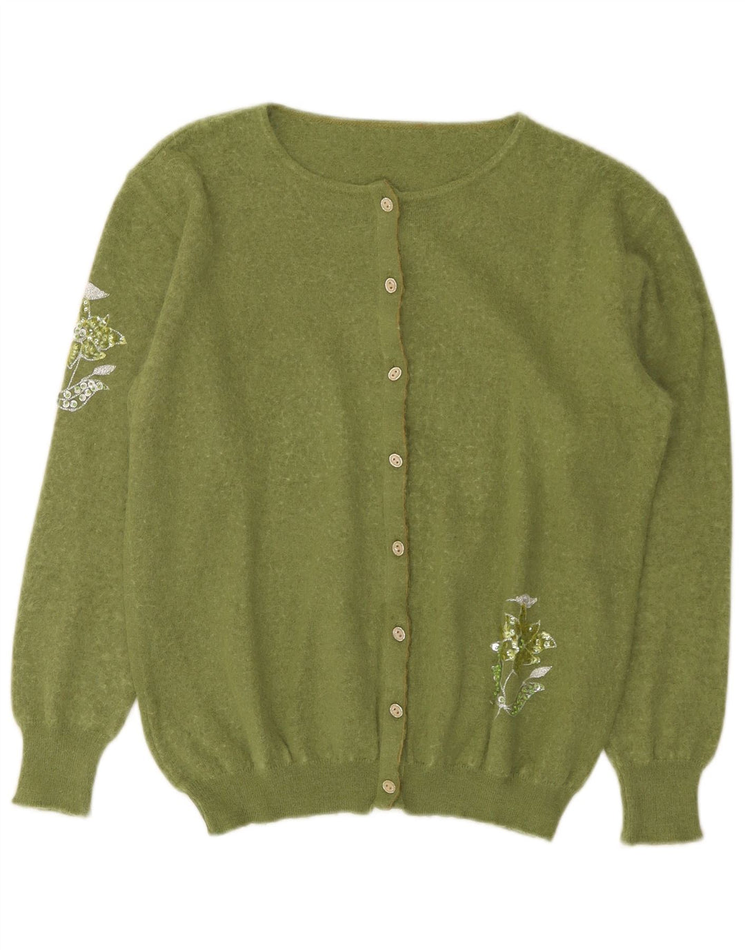 VINTAGE Mujer Cardigan Suéter Reino Unido 12 Medio Verde Floral Angora