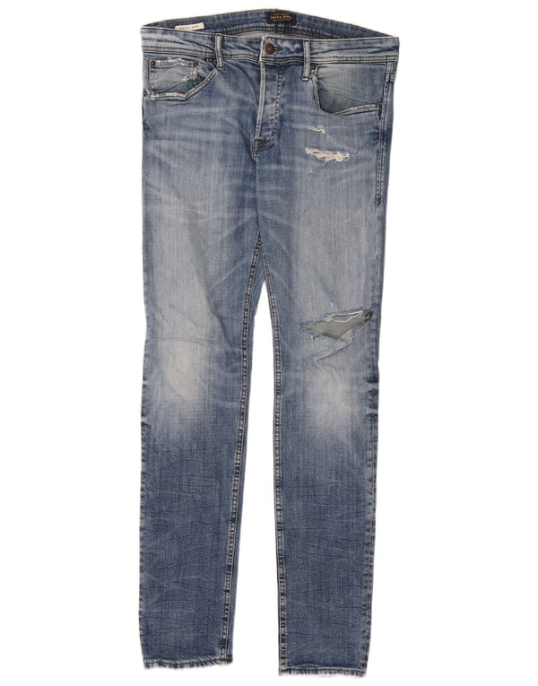 Jack & Jones Hombre GLENN Vaqueros ajustados desgastados W33 L34 Algodón azul