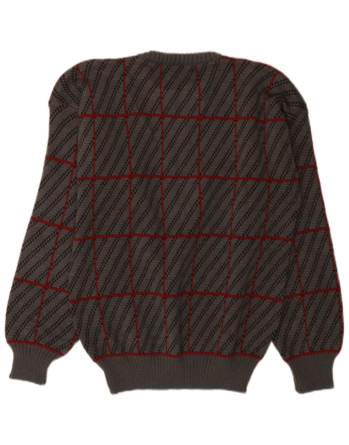 Vintage hombres cuello redondo jersey suéter IT 50 gris medio cuadros acrílico
