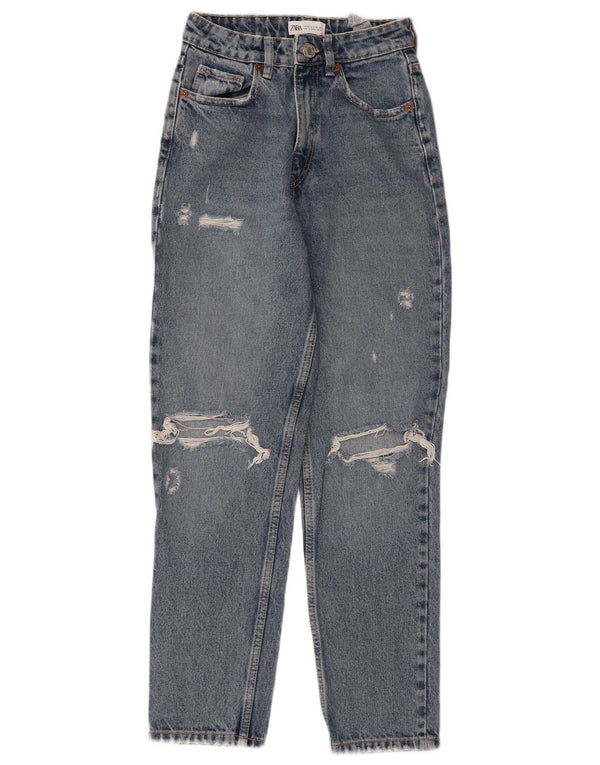 Zara Jeans Cónicos De Cintura Alta Desgastados Para Mujer EU 34 2XS W24 L27 Azul