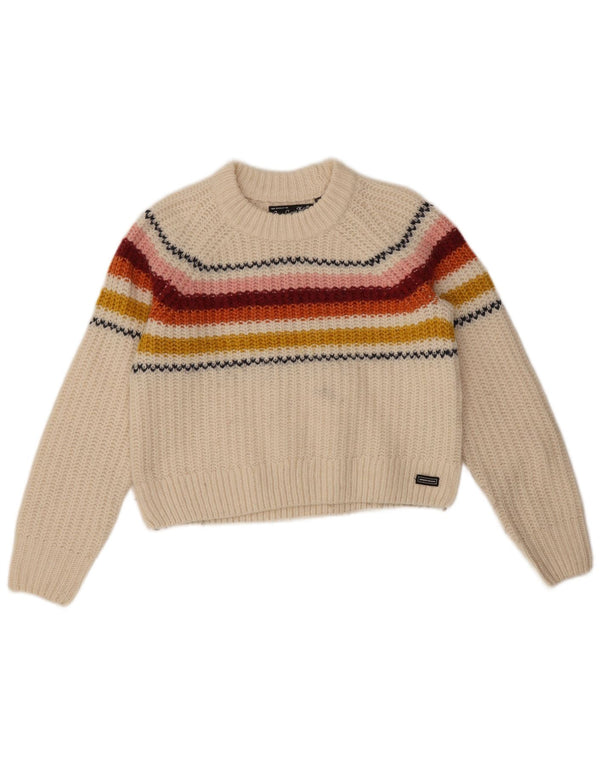 Superdry Jersey corto con cuello redondo para mujer, talla 8, talla pequeña, color blanco a rayas