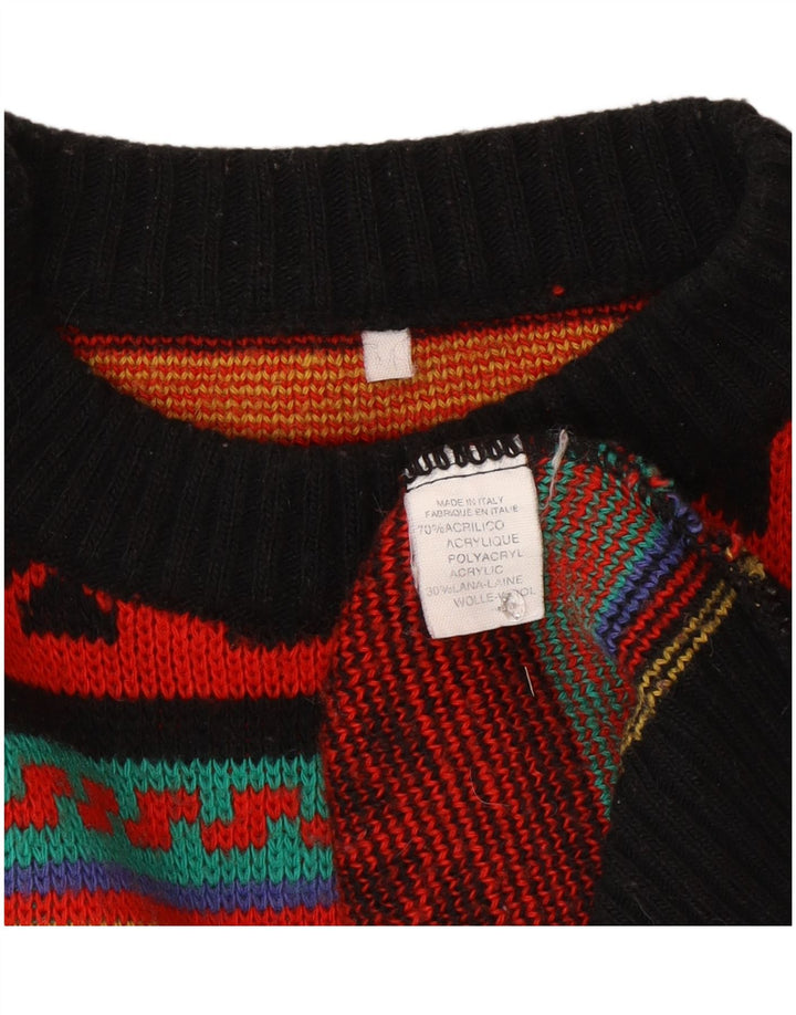 Vintage hombres cuello redondo jersey suéter medio multicolor Fair Isle