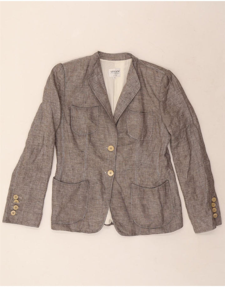 Armani Collezioni Chaqueta Blazer de 2 Botones para Mujer IT 46 Lino Gris Grande