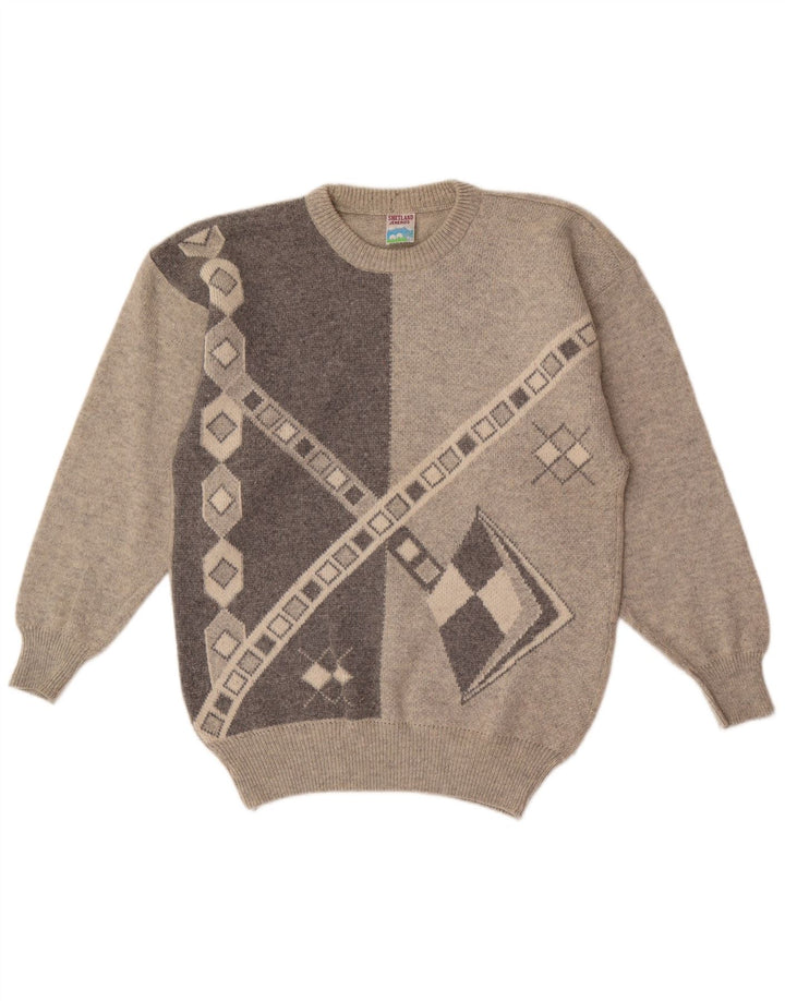 Shetland Jeneros - Jersey de cuello redondo para hombre, color gris medio, geométrico