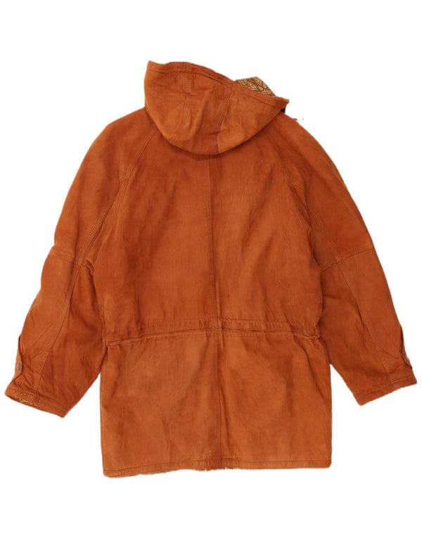 Vintage hombres con capucha ante Parka chaqueta IT 50 cuero marrón grande