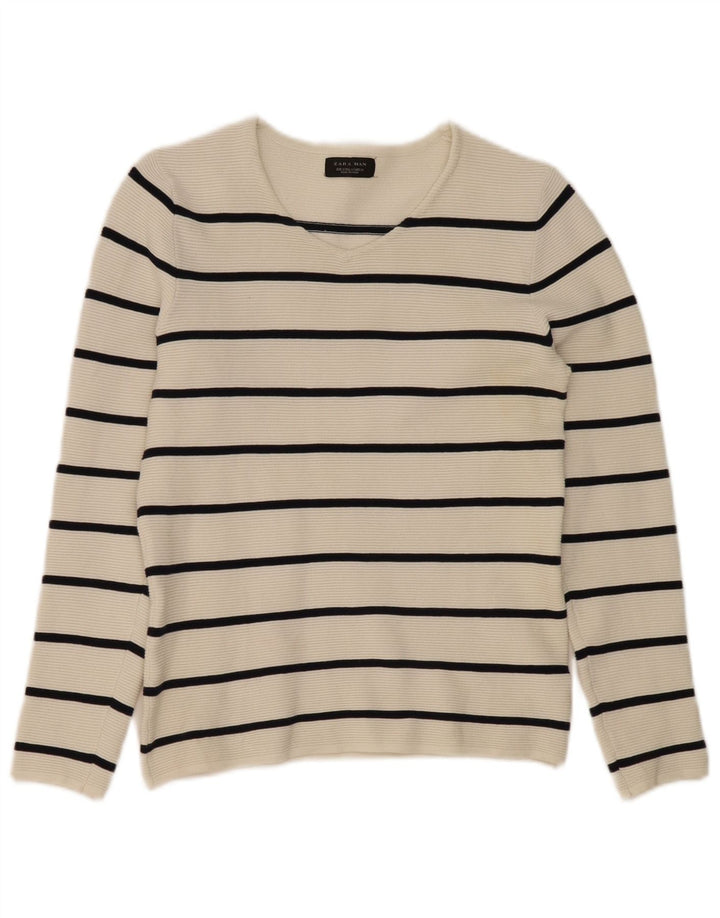 Zara Hombre Jersey Con Cuello En V Jersey Small Blanco Rayas