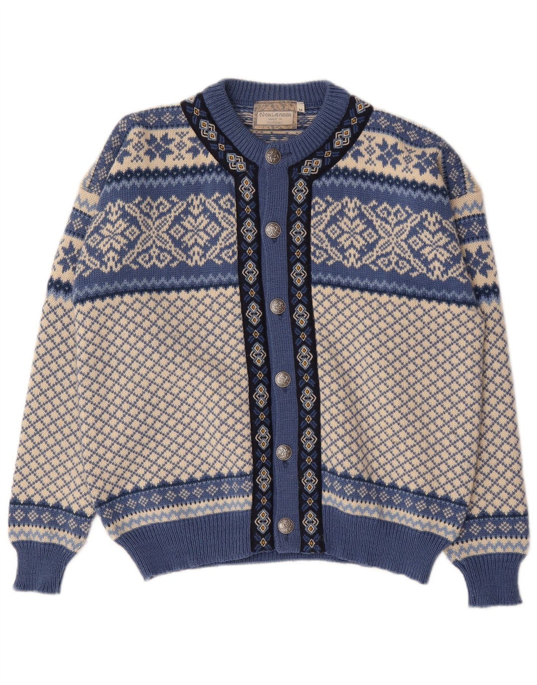 Vintage hombres Cardigan suéter medio azul Fair Isle