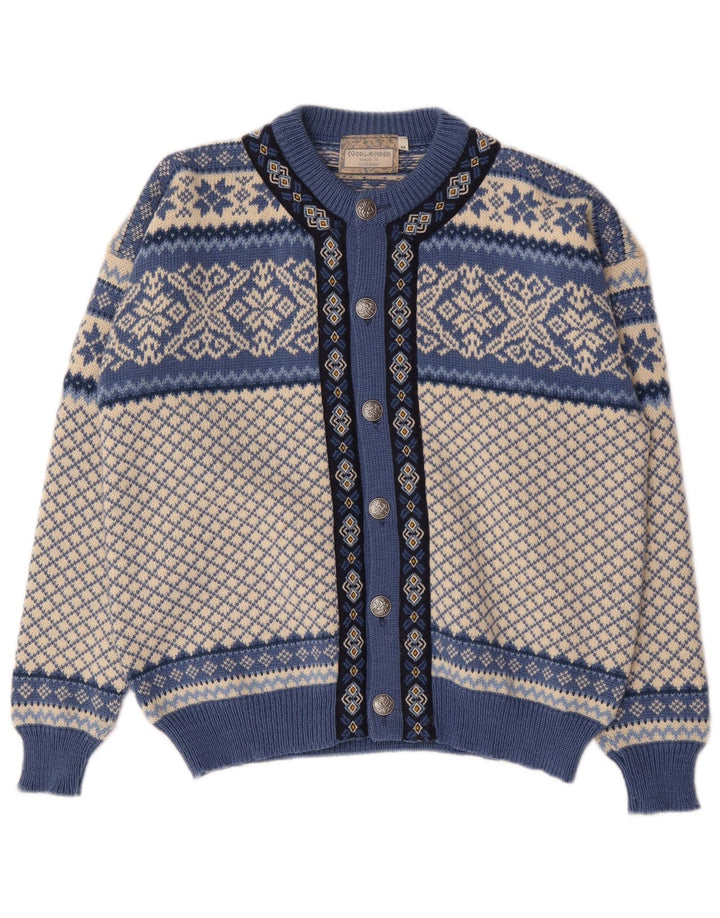 Vintage hombres Cardigan suéter medio azul Fair Isle