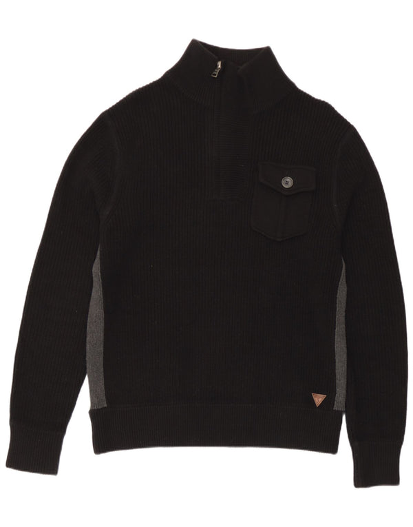 Guess Suéter tipo jersey con cuello y cremallera para hombre UK 36 Small Black Colourblock Cotton