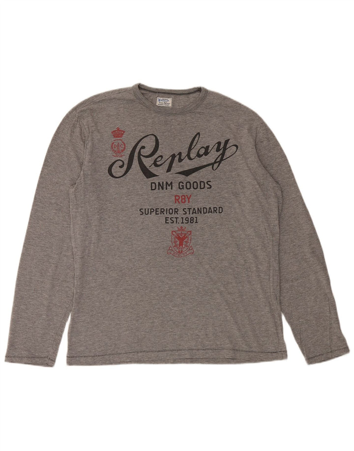 REPLAY Mens Graphic Top Long Sleeve Large Grey Cotton