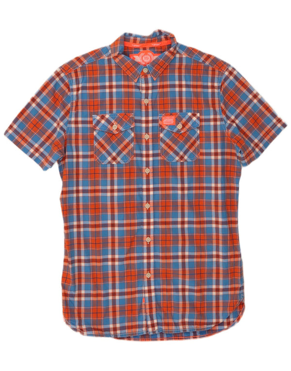 SUPERDRY Hombre Camisa De Manga Corta De Algodón A Cuadros Azul Medio