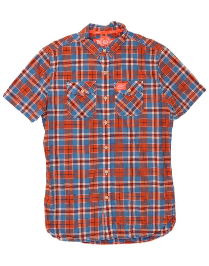 SUPERDRY Hombre Camisa De Manga Corta De Algodón A Cuadros Azul Medio