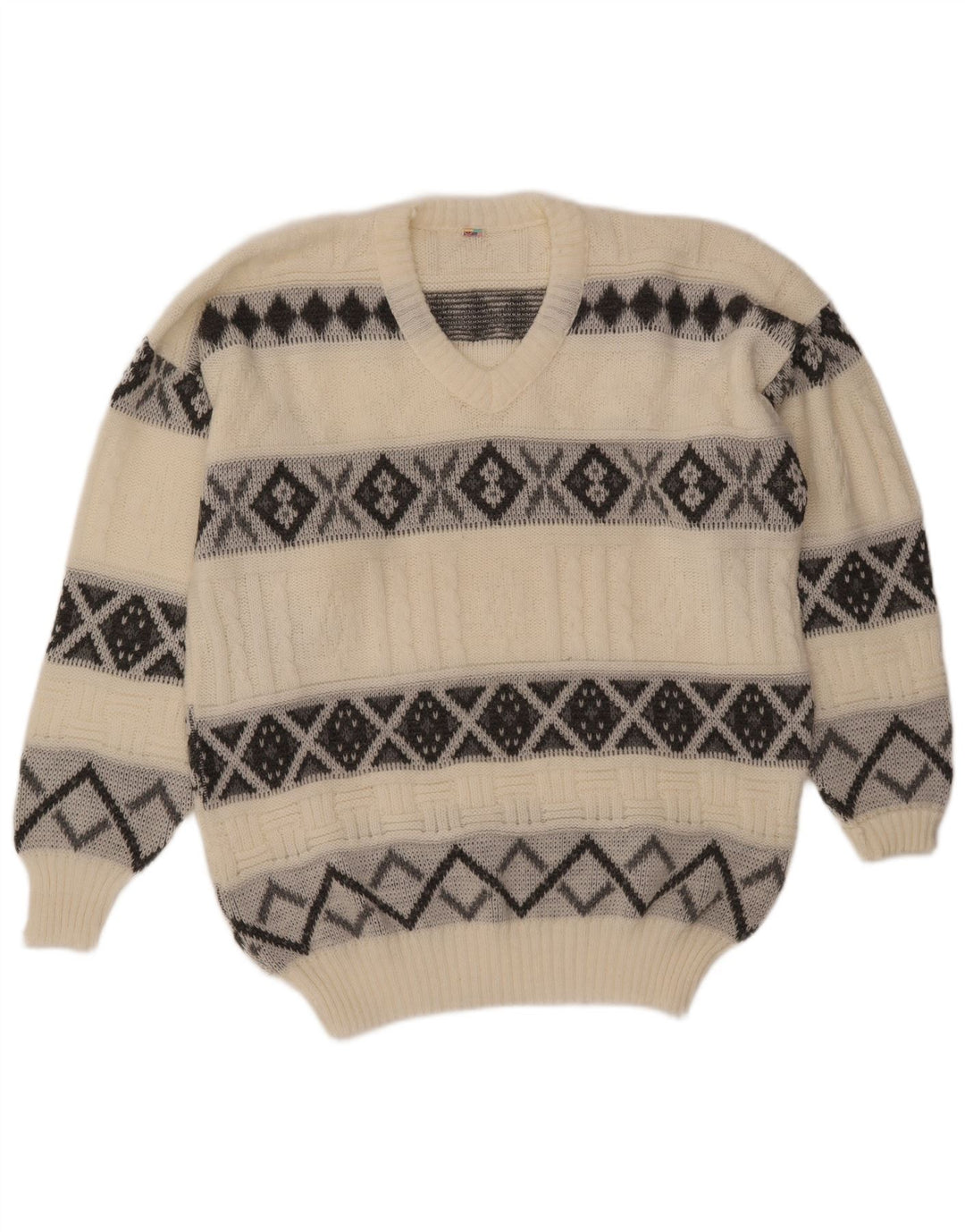 VINTAGE Hombres V-Cuello Jumper Suéter Grande Off White Fair Isle