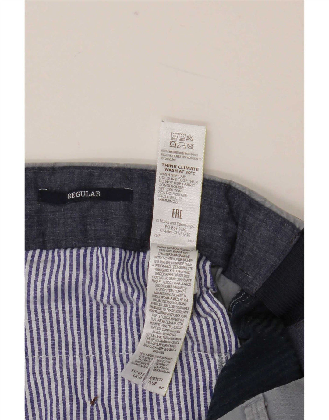 Marks & Spencer Pantalón de traje regular recto para hombre W34 L29 Algodón azul