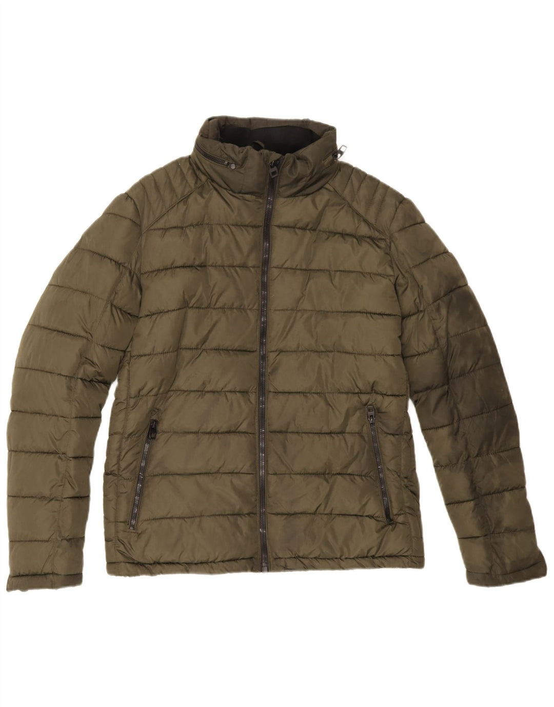 Zara Mens Chaqueta Acolchada Con Capucha UK 40 Large Poliéster Caqui