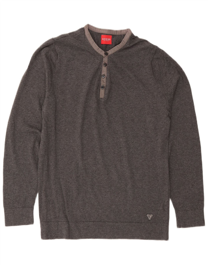 GUESS Jersey con cuello redondo para hombre, talla grande, algodón gris