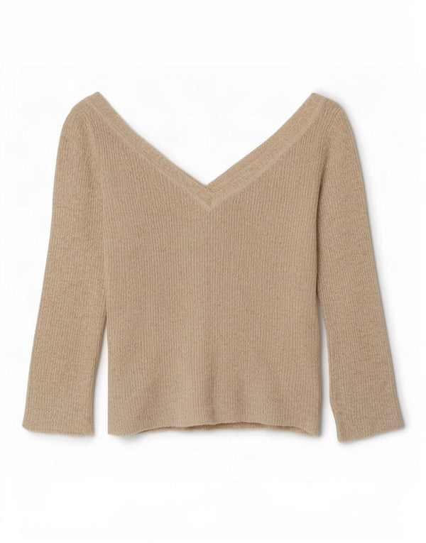 Zara Mujer Crop Jersey De Manga 3/4 Con Cuello En V UK 44 Grande Beige Moteado