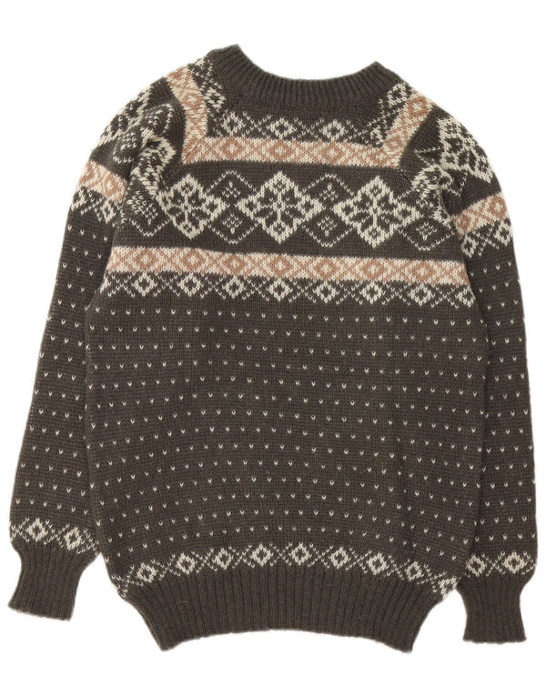 Vintage hombres cuello redondo jersey suéter pequeño marrón justo isla
