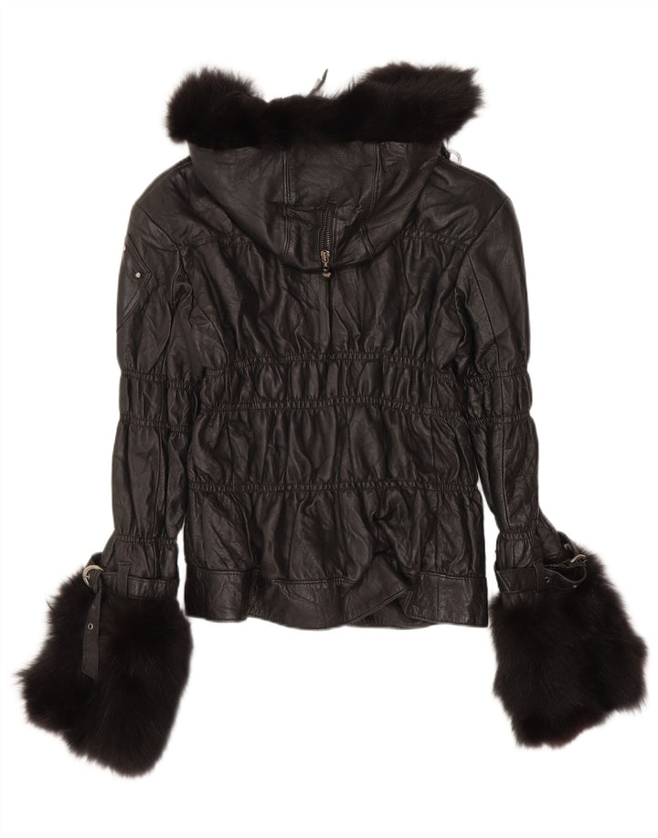 Kor@Kor Chaqueta de cuero con capucha para mujer UK 42 Medium Black