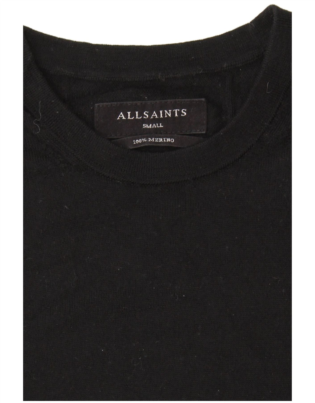 ALL SAINTS Jersey de cuello redondo para hombre, talla pequeña, lana merino negra