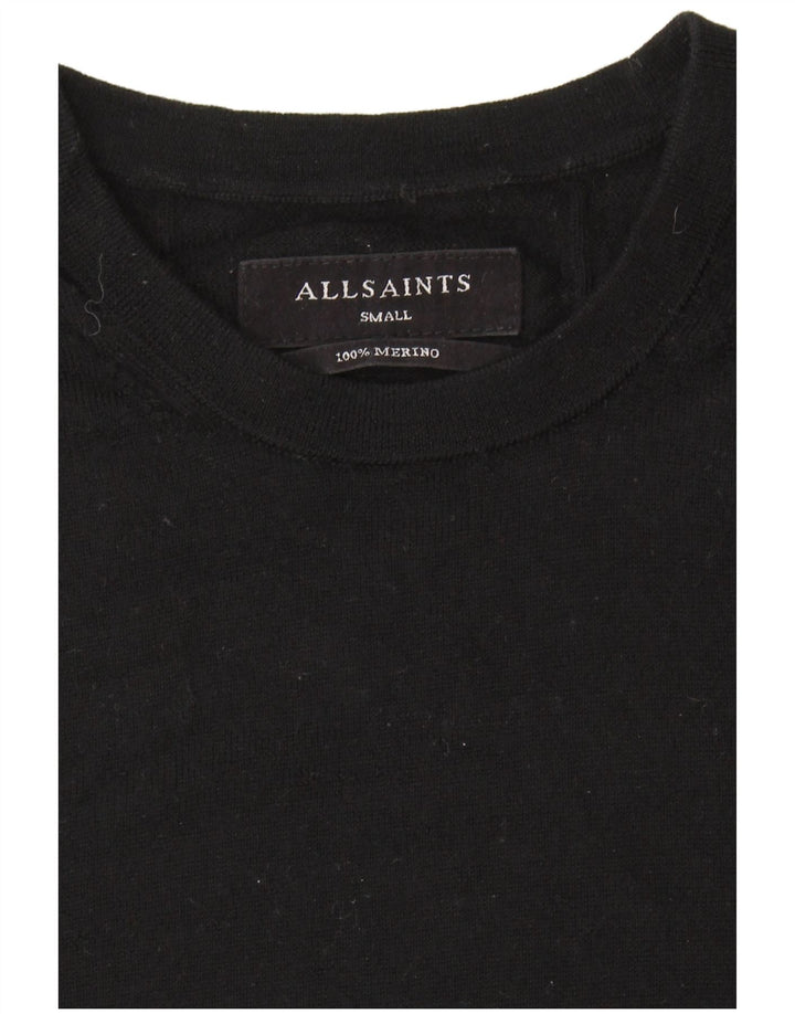 ALL SAINTS Jersey de cuello redondo para hombre, talla pequeña, lana merino negra