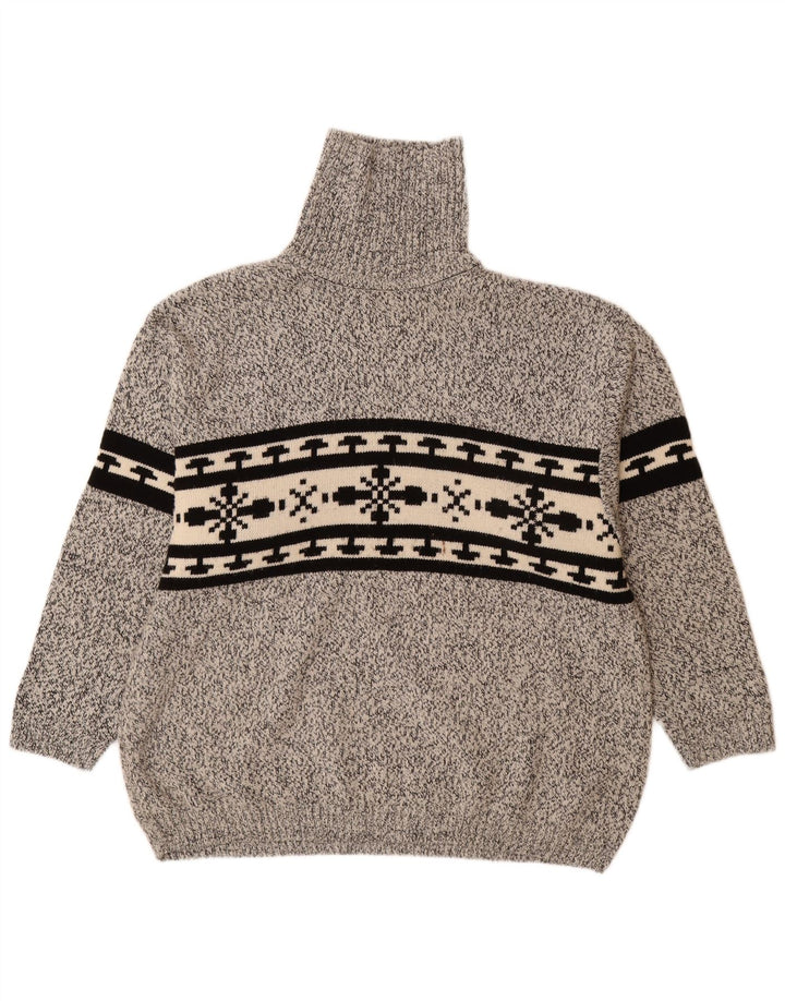VINTAGE Hombres Roll Neck Jumper Suéter 2XL Gris Fair Isle Acrílico