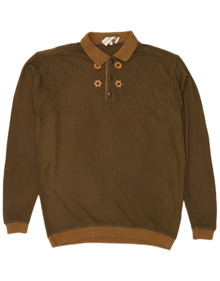 VINTAGE Hombres Polo Cuello Jersey Suéter Grande Caqui Acrílico