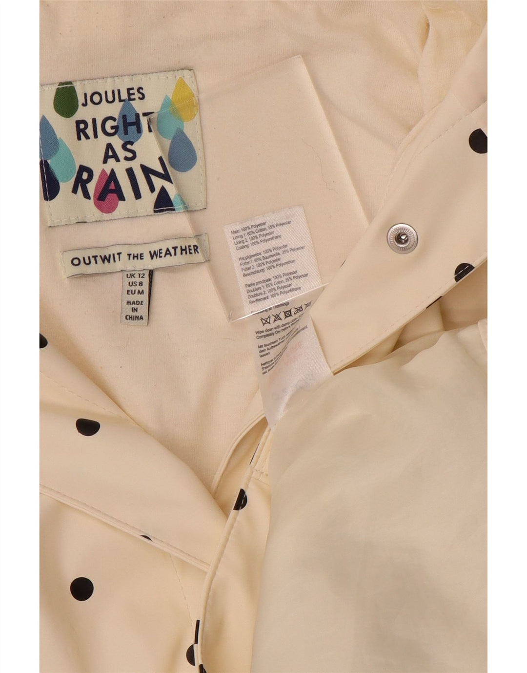 JOULES Chubasquero con capucha para mujer UK 12 Medium Off White Lunares Poliéster