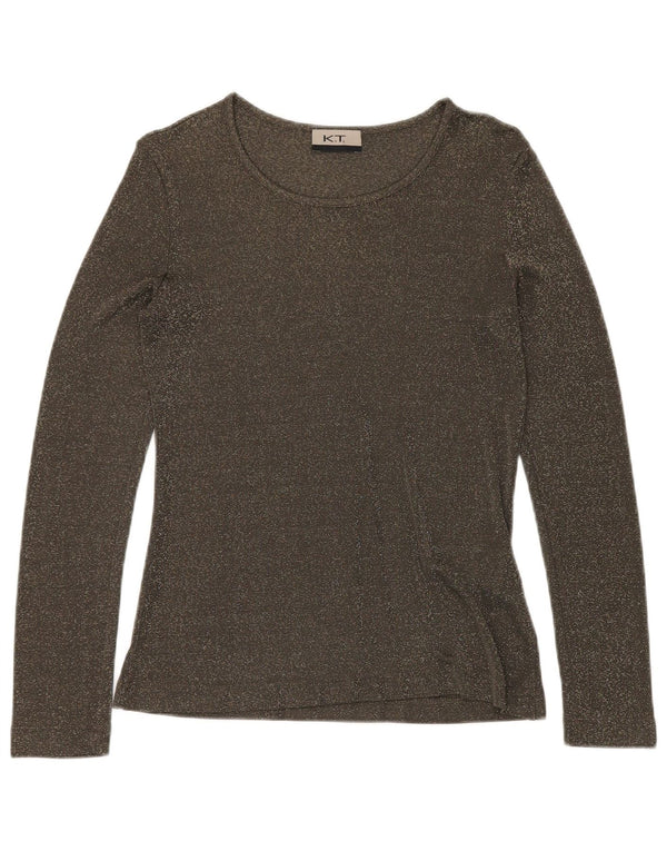 VINTAGE Mujer Top Manga Larga Reino Unido 12 Viscosa moteada verde medio