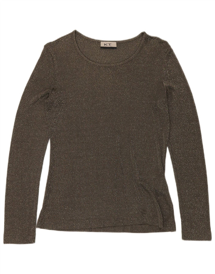 VINTAGE Mujer Top Manga Larga Reino Unido 12 Viscosa moteada verde medio