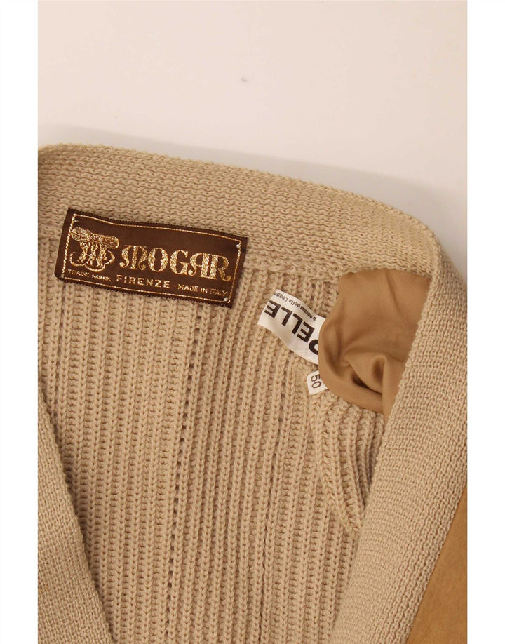 Vintage hombre Cardigan suéter IT 50 cuero beige medio
